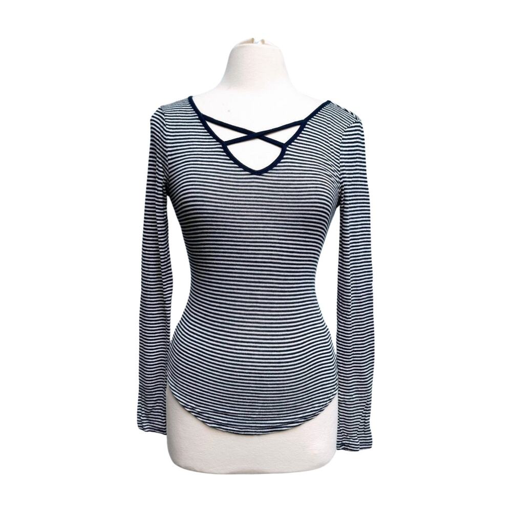 Striped Criss Cross Caged Front Long Sleeve Top